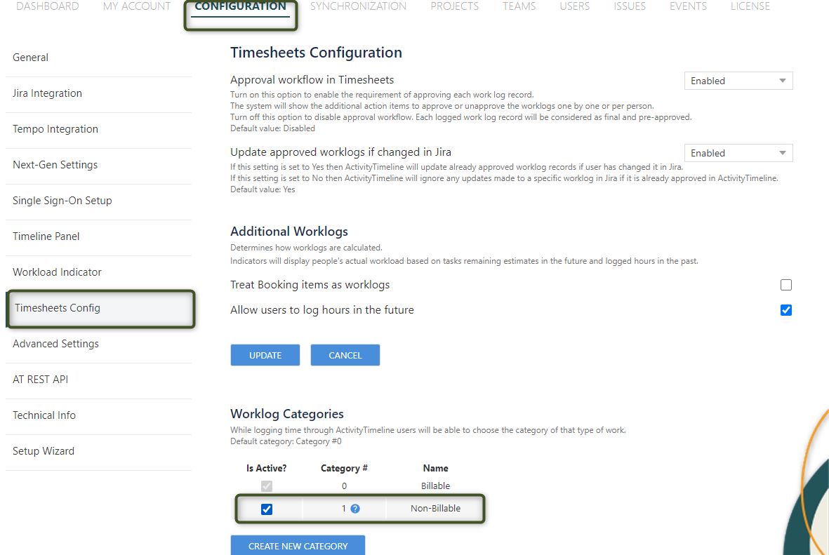 ActivityTimeline Timesheet Configuration process
