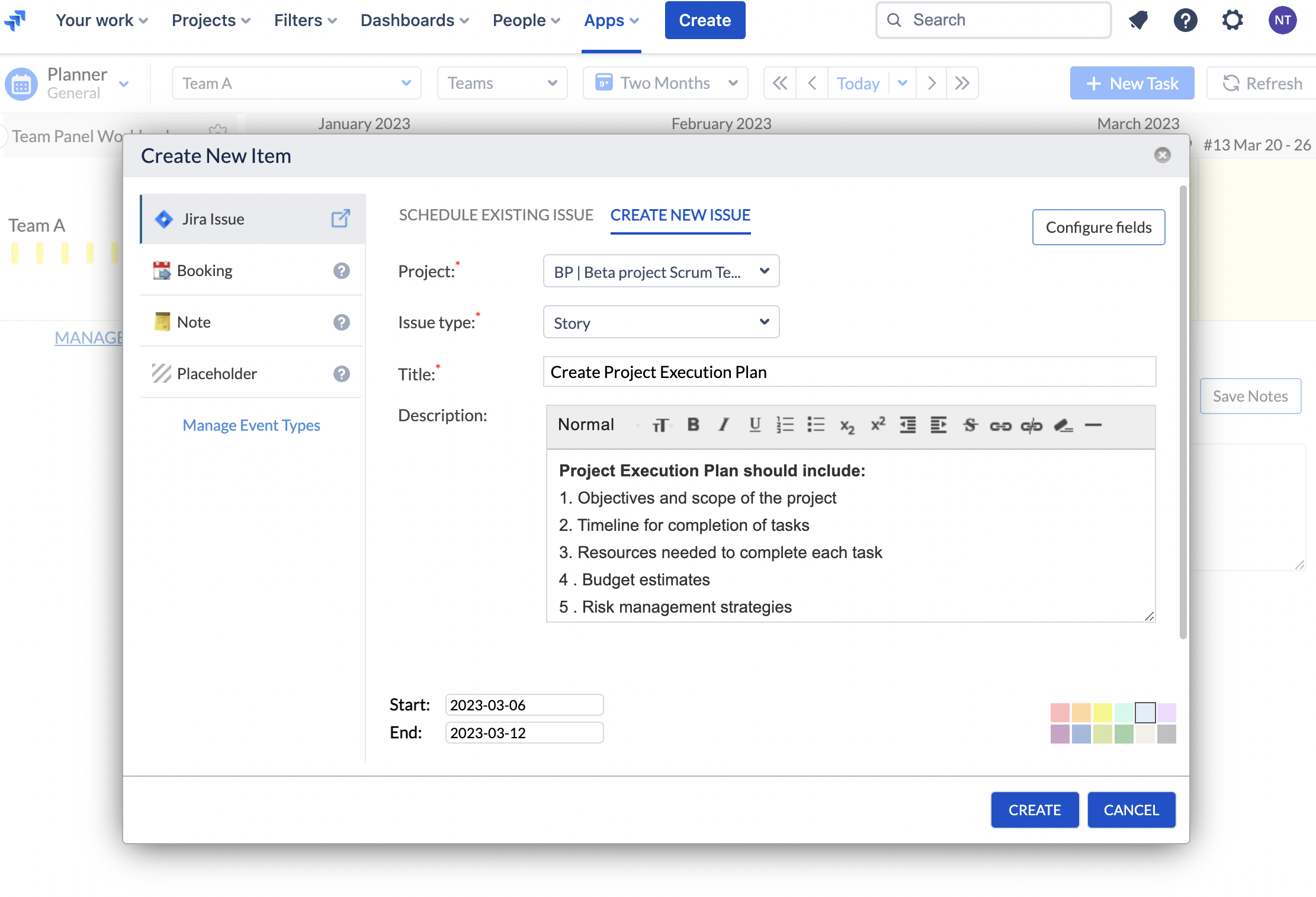 Create Project Executing Plan in Jira - ActivityTimeline